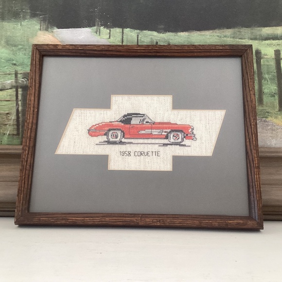 Hand Stitched Corvette Stingray Cross Stitch W/Frame 12”x15” Vintage Sports Car - Picture 1 of 10